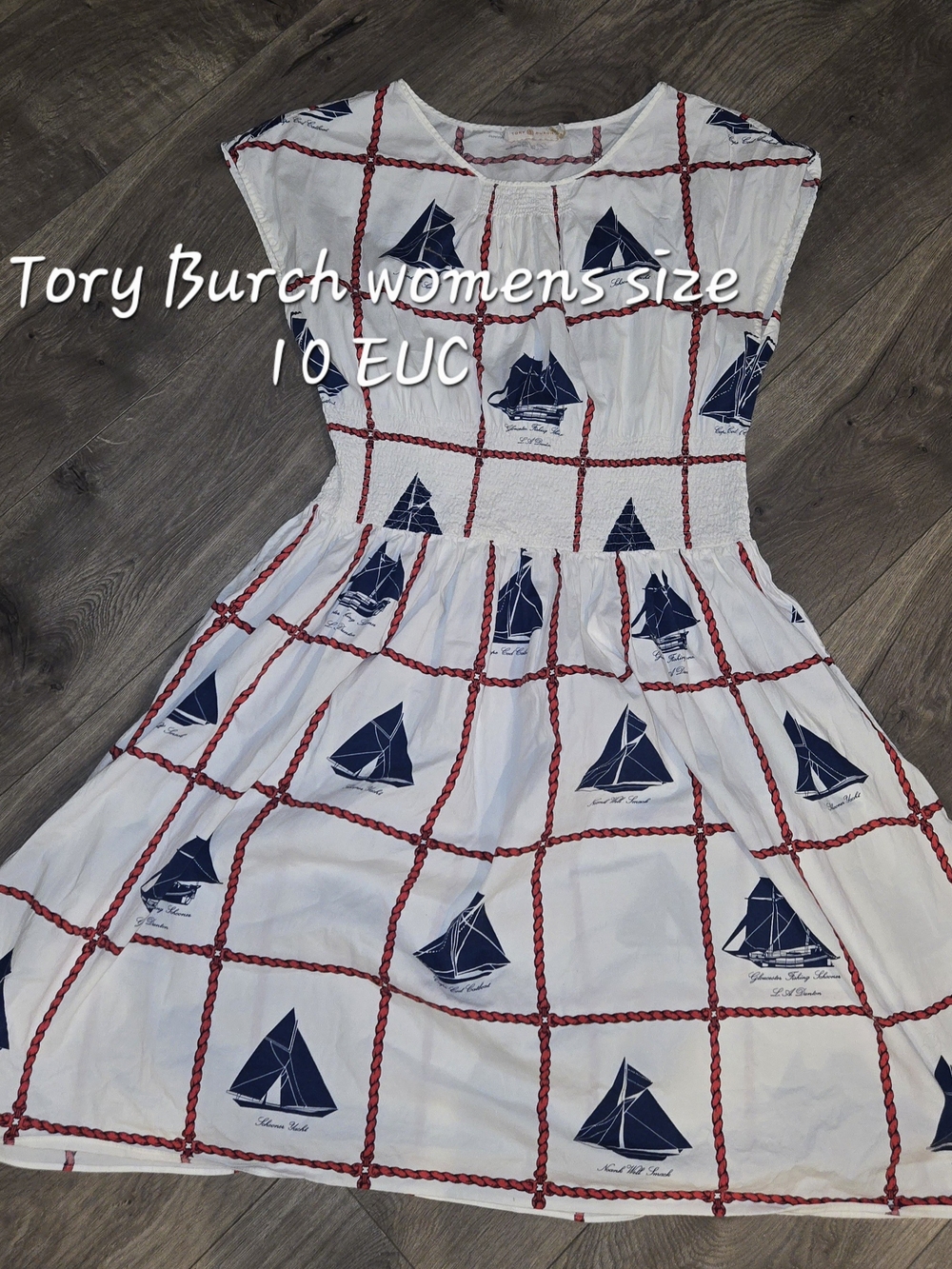 Tory Burch White Sailboat Print Midi Dress with Navy and Red Grid